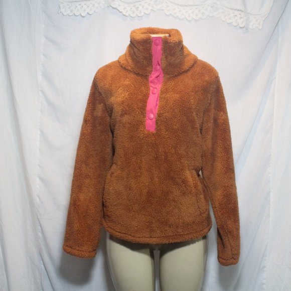 J.Crew TeddyBear Brown & Pink Polartec sherpa fleece half-snap pullover Sweater - Picture 5 of 7